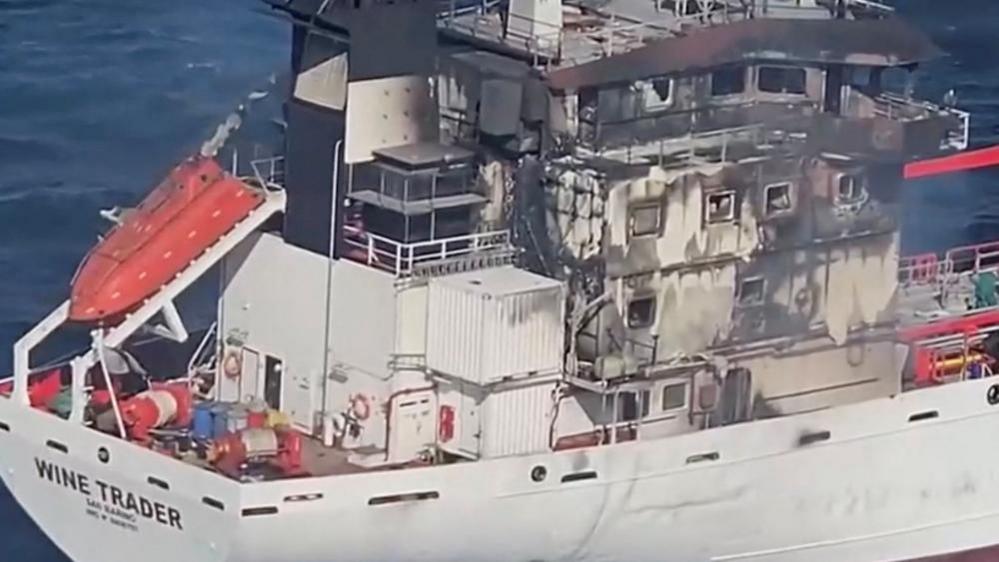 Damaged tanker during drone attack